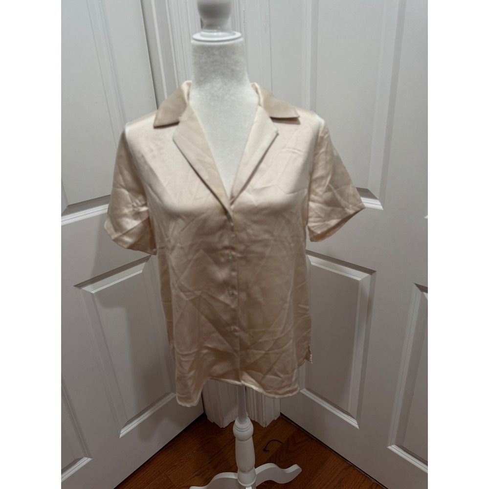 Rachel Zoe Champagne Satin Short Sleeve Button Down Blouse Top Large